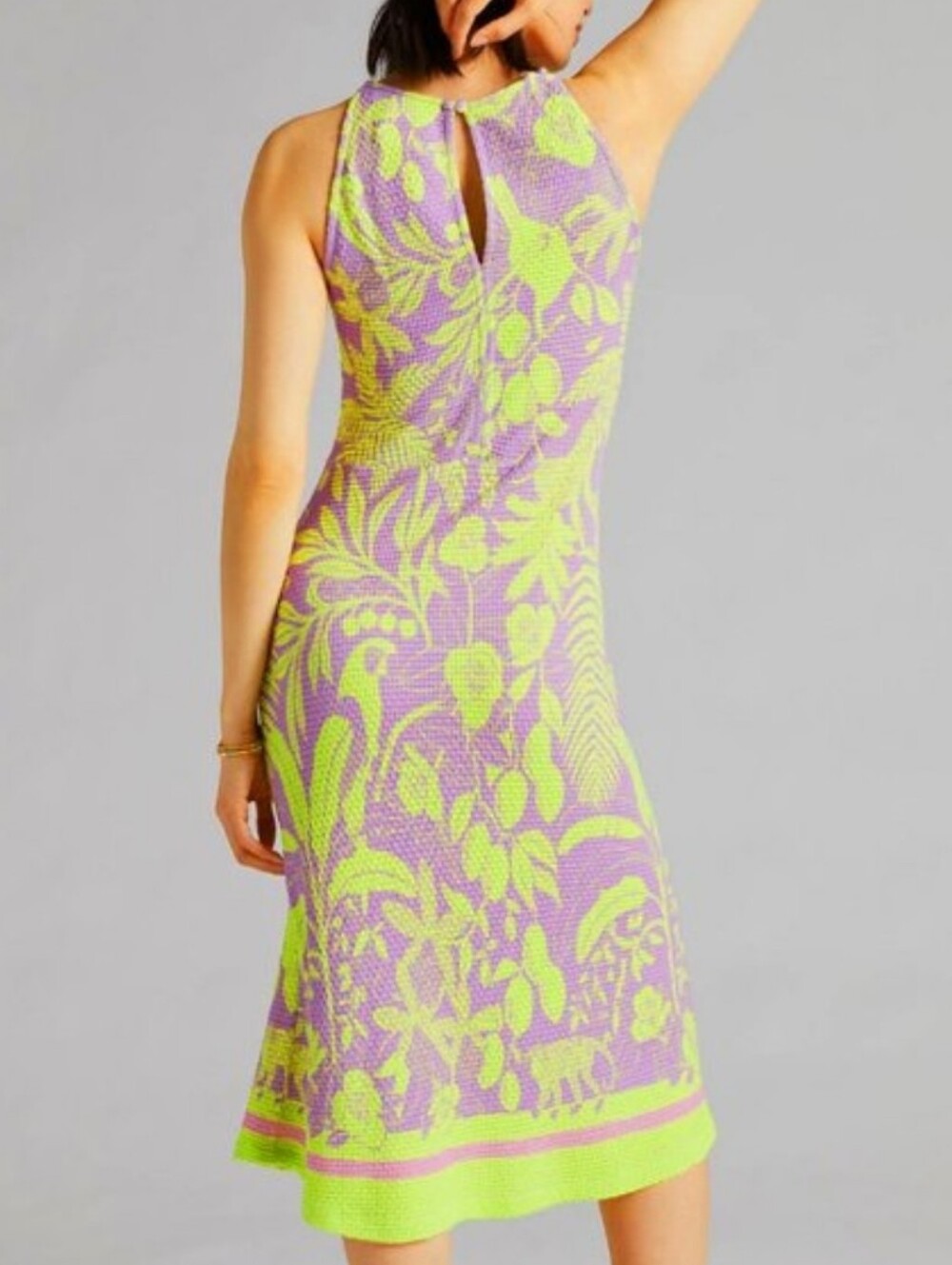 Farm Rio × Anthropoligie Sleeveless Purple & Lime Floral Bodycon Midi Dress S - Picture 2 of 10
